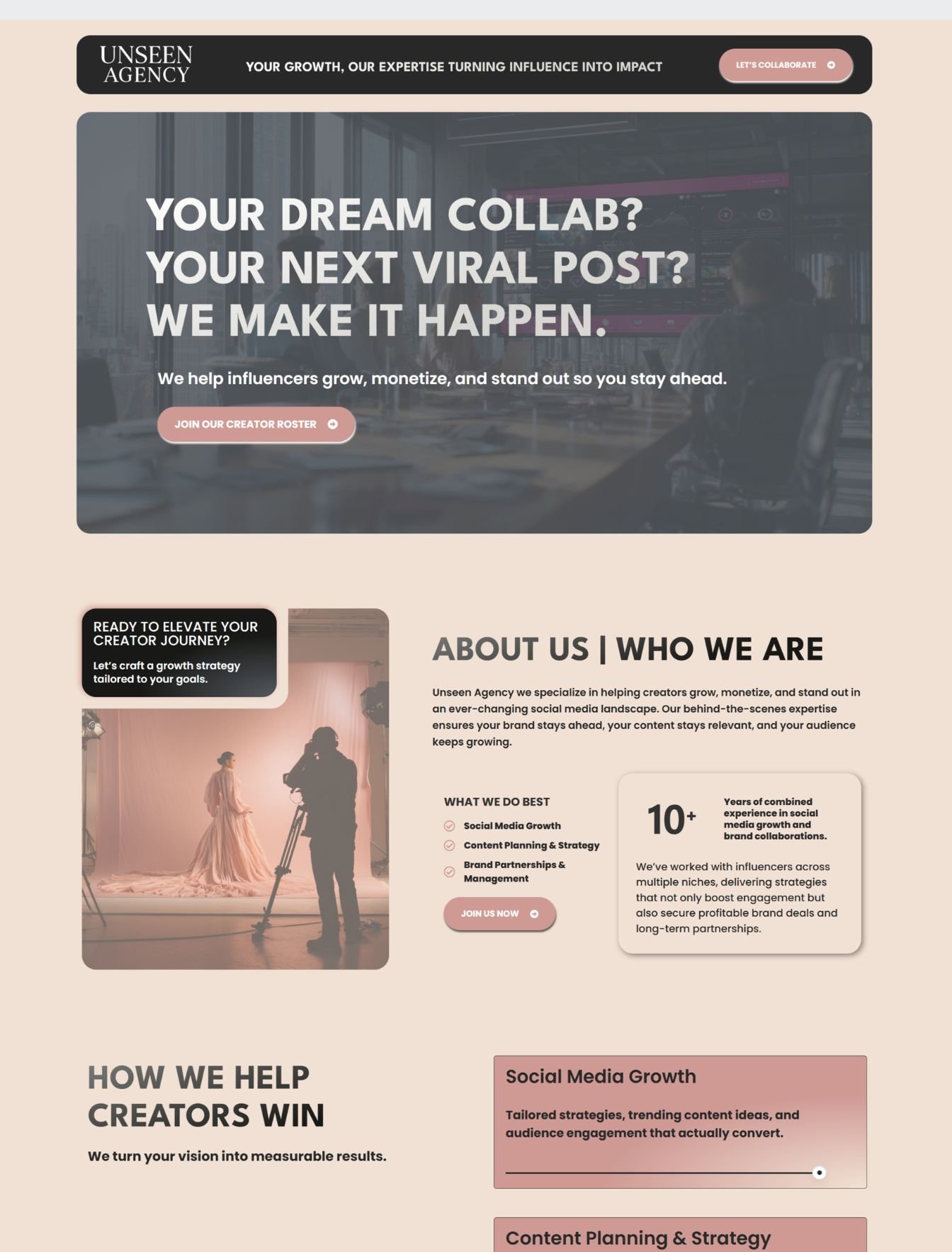 Custom creator agency web design in the USA - website example